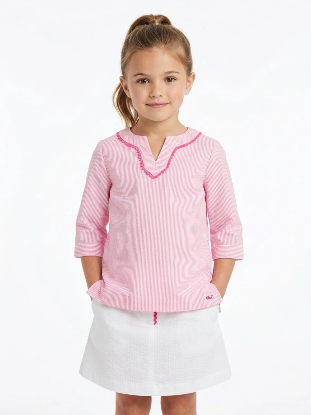Vineyard Vines Girls Tunic Top Embroidered Whale Striped Pink White XS